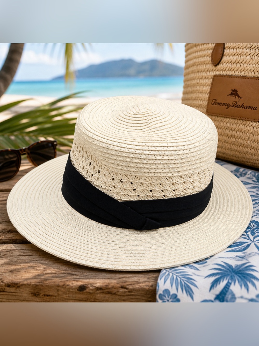 Tommy Bahama Straw Fedora Hat Large L Ivory Wide Brim Summer Beach Lightweight